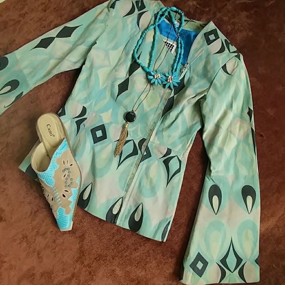 Leather Pastel Geometric Peplum Zip Up Jacket